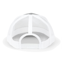 Back view of the heather grey / white Richardson 112 Cap Small Graphic - Black Rock and Salvation.