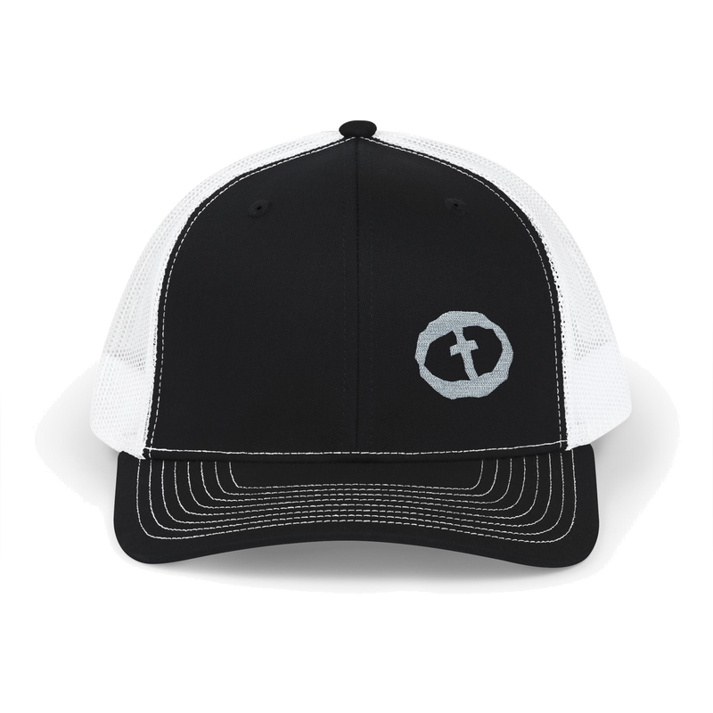Front view of the black / white Richardson 112 Cap Small Graphic - Grey Rock and Salvation.
