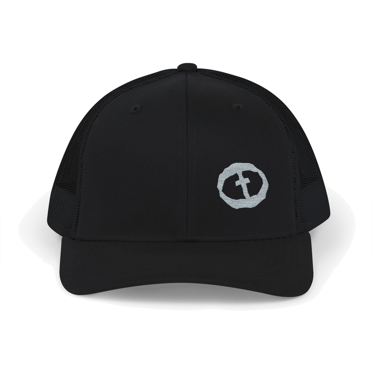 Front view of the black Richardson 112 Cap Small Graphic - Grey Rock and Salvation.