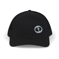 Front view of the black Richardson 112 Cap Small Graphic - Grey Rock and Salvation.