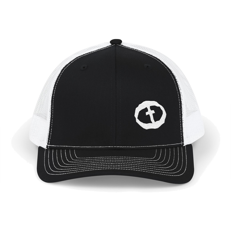 Front view of the black / white Richardson 112 Cap Small Graphic - White Rock and Salvation.