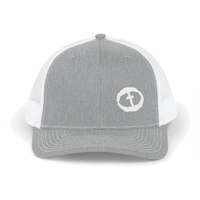 Front view of the heather grey / white Richardson 112 Cap Small Graphic - White Rock and Salvation.