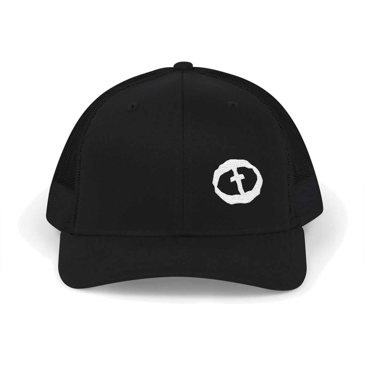 Front view of the black Richardson 112 Cap Small Graphic - White Rock and Salvation.