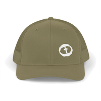 Front view of the loden Richardson 112 Cap Small Graphic - White Rock and Salvation.