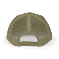 Back view of the loden Richardson 112 Cap Small Graphic - White Rock and Salvation.