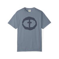 Front view of the blue jean Men's Heavyweight Front Graphic Tee.