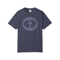 Front view of the denim Men's Heavyweight Front Graphic Tee.