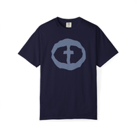 Front view of the true navy Men's Heavyweight Front Graphic Tee.