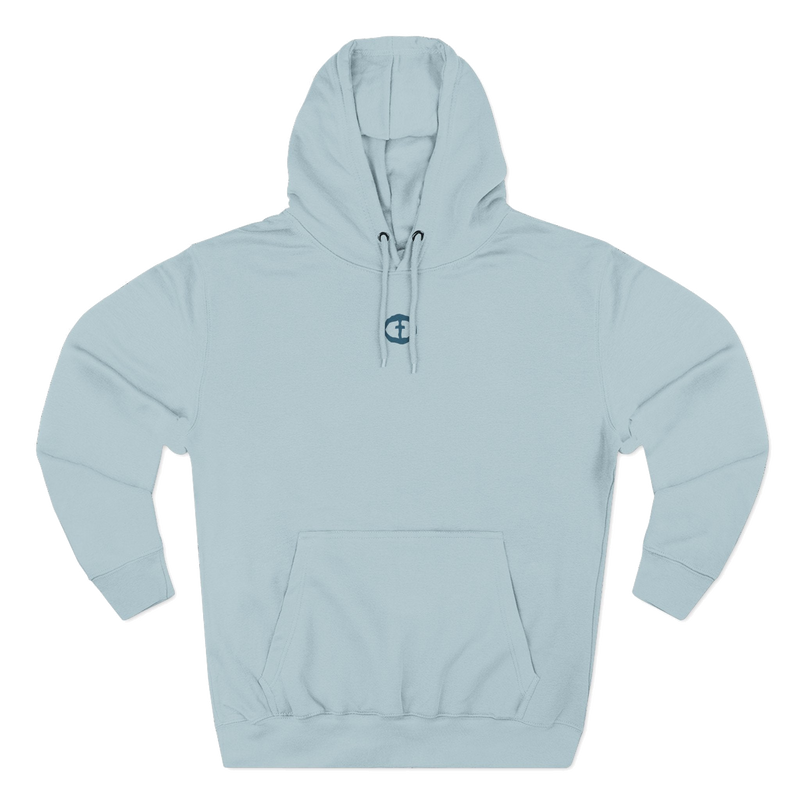 Front view of the blue mist Women's Medium Weight Hoodie - Small Front Graphic.