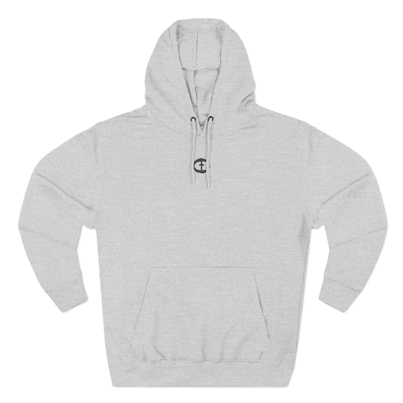 Front view of the heather grey Men's Medium Weight Hoodie - Small Front Graphic.
